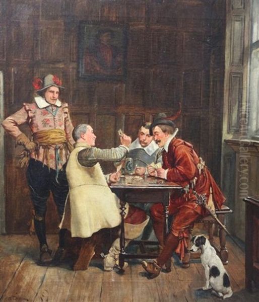 Interior With Cavaliers Playing Cards Oil Painting by Alfred Dixon