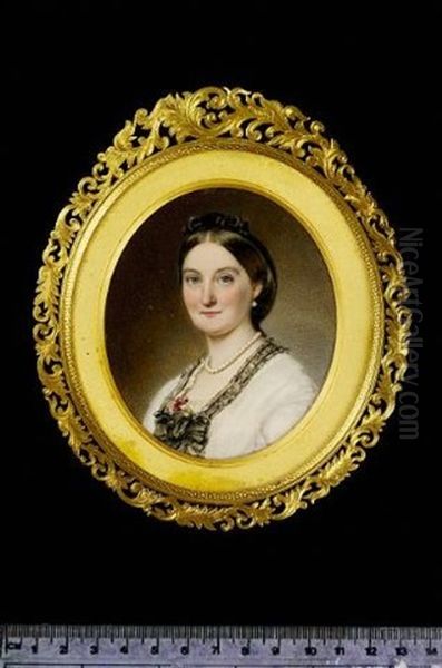 Mrs Hall Wearing White Dress With Black Lace Trim, Pink Carnation Tucked Into A Bow At Her Corsage, Pearl Necklace, Earring And Black Velvet Ribbon In Her Hair Oil Painting by Annie Dixon