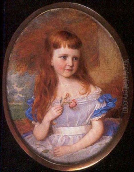 Portrait Of A Young Girl In Blue Dress With White Overdress With Frilled Neckline And White Waistband Oil Painting by Annie Dixon