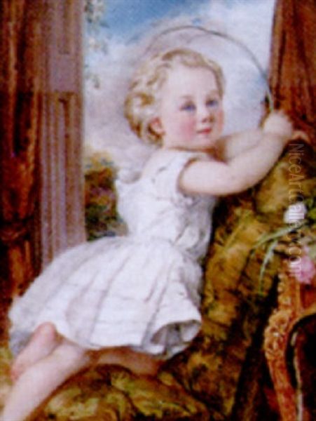 A Portrait Of A Child, John Russell, Kneeling On A Couch In An Interior, By A Window Overlooking A Garden In A White Petticoat Oil Painting by Annie Dixon