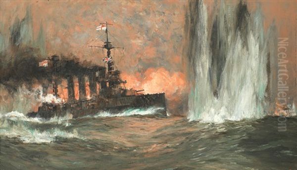 Finished Oil Sketch For ' A Heavy Cruiser At The Battle Of Jutland' Oil Painting by Charles Edward Dixon