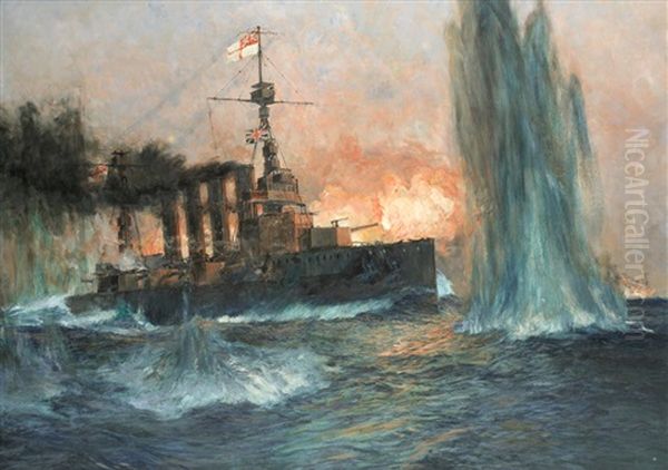 A Heavy Cruiser At The Battle Of Jutland Oil Painting by Charles Edward Dixon