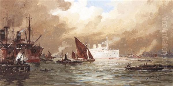 Untitled (ships On Harbour) Oil Painting by Charles Edward Dixon