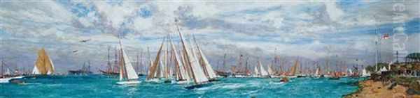 A One-design Class Crossing The Starting Line At Cowes Week, With The Royal Yacht Victoria And Albert (iii), With H.m. George (v) Aboard... Oil Painting by Charles Edward Dixon