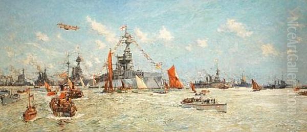 The Aircraft Carrier H.m.s. 'furious' Surrounded By Other Ships Of The Fleet And Civilian Craft Of All Kinds Enjoying The Peace Review Off Southend Oil Painting by Charles Edward Dixon