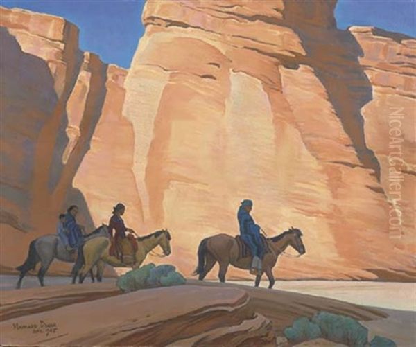 Navajos In A Canyon Oil Painting by Maynard Dixon