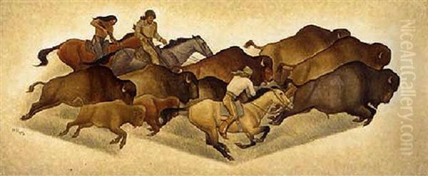 Running Buffalo With Hunters Oil Painting by Maynard Dixon