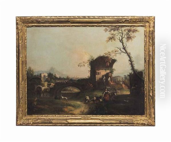 An Italianate Landscape With Classical Ruins, With Elegant Figures Conversing Beside A Statue; And An Italianate River Landscape With A Drover, Cattle And Sheep At A Fountain, Ruin Beyond (pair) Oil Painting by Antonio Diziani