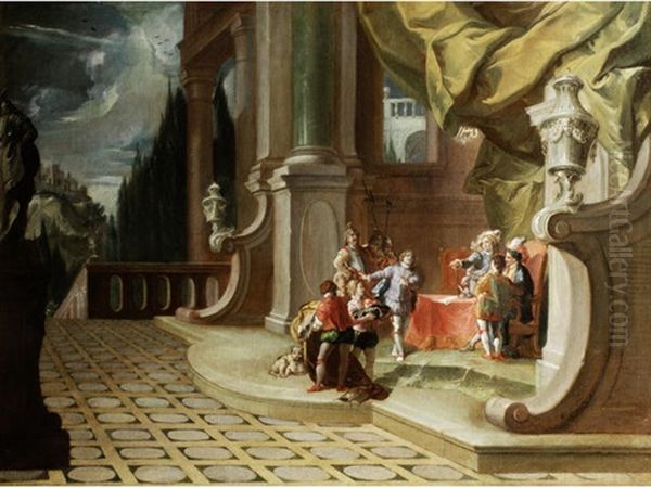 An Architectural Capriccio With Figures In A Palace Interior Oil Painting by Antonio Diziani