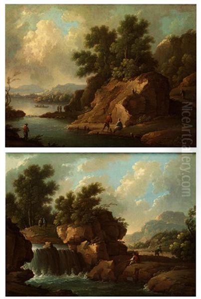 Sudliche Fantasielandschaft Mit Flusslauf Und Kaskade Zwischen Felsen (+ Von Baumen Bewachsene Felsengruppe Am Seeufer; Pair) Oil Painting by Antonio Diziani