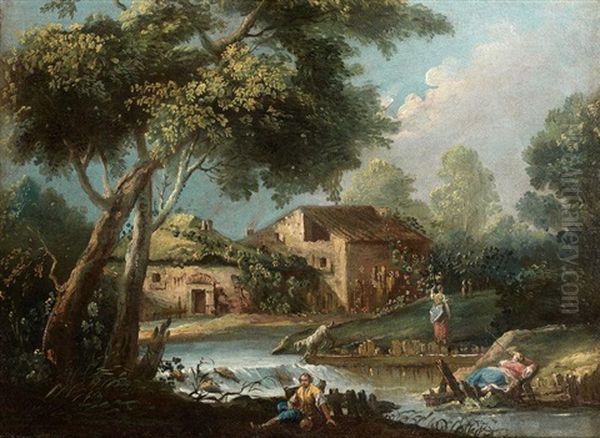 Repos Des Pecheurs Aupres D'une Riviere Devant Une Chaumiere Oil Painting by Antonio Diziani