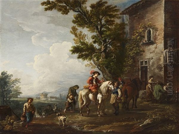 Resting Horseman In Front Of An Inn Oil Painting by Antonio Diziani