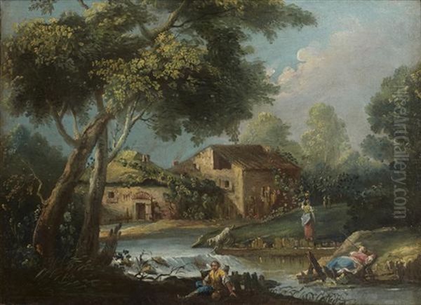 Scene Champetre En Bord De Riviere Oil Painting by Antonio Diziani