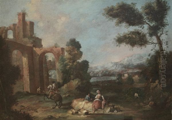 A Horseman With A Shepherdess Resting On A Rock And Other Figures With Ruins In The Distance; And A Shepherd And A Shepherdess Grazing Their Livestock Before A Mountainous Landscape (pair) Oil Painting by Antonio Diziani