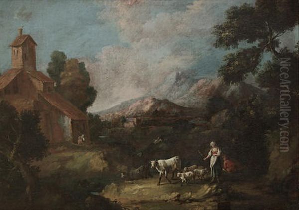 Shepherds And Shepherdess Grazing Their Cattle...(+ A Horseman, A Shepherdess Resting On A Rock And Other Figures With Ruins In The Distance; Pair) Oil Painting by Antonio Diziani