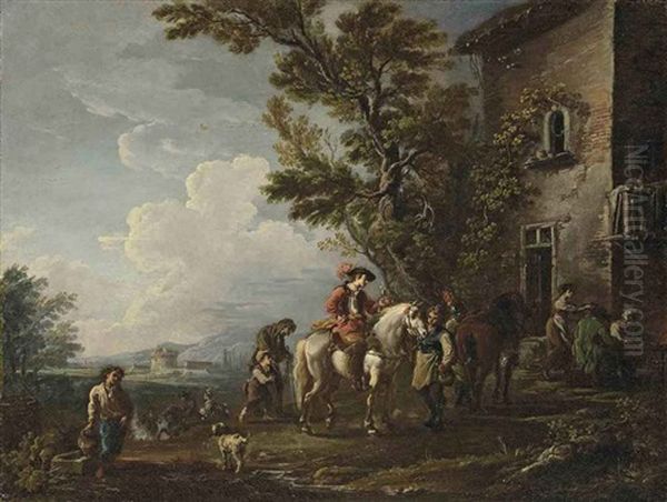 An Italian Landscape With Horsemen Halting At An Inn Oil Painting by Antonio Diziani