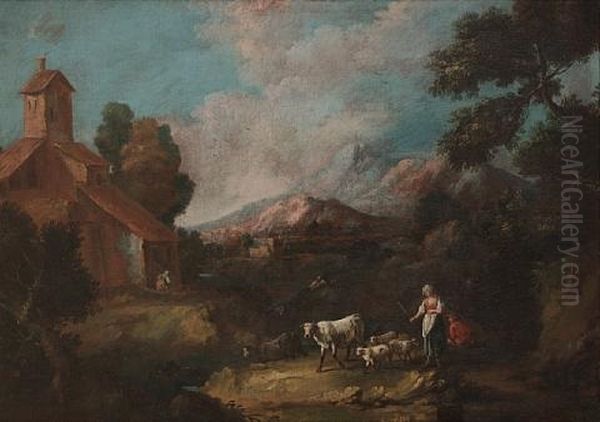 Shepherds And Shepherdess Grazing Their Cattle Before A Mountainous Landscape (+ A Horseman, A Shepherdess Resting On A Rock And Other Figures With Ruins In The Distance; Pair) Oil Painting by Antonio Diziani