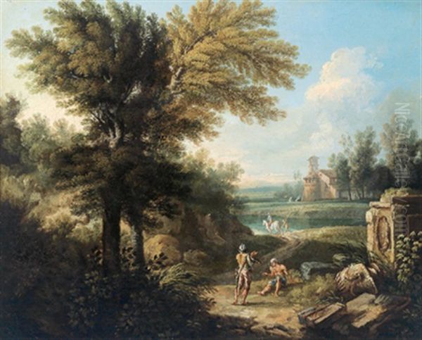 Landschaft Aus Dem Veneto Mit Figuren; Paesaggio Fluviale Veneto Con Un Monumento E Figure Oil Painting by Antonio Diziani