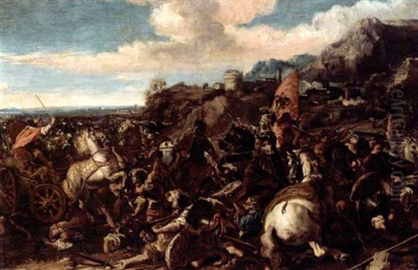 Battlescene Before A Hilltop Town With An Imperial Hapsburg Army Oil Painting by Antonio Diziani