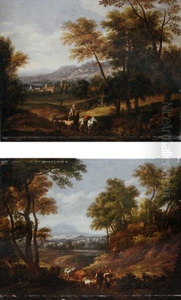 An Italianate Wooded Landscape With Peasants, Cattle And Gots On A Country Path, Mountains Beyond Oil Painting by Antonio Diziani