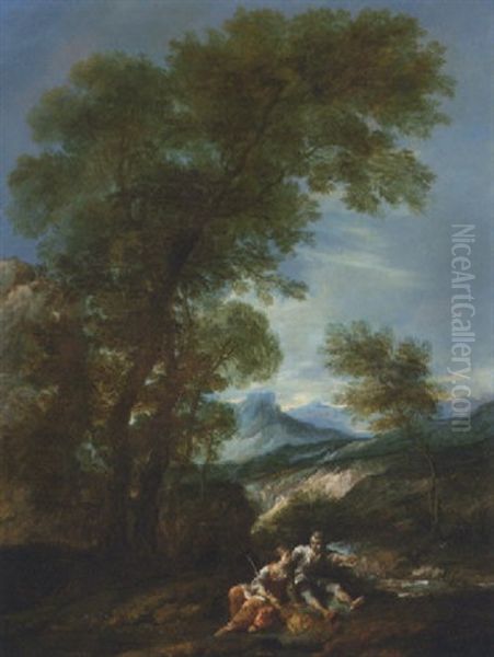 A Mountain River Landscape With A Shepherd And Shepherdess Oil Painting by Antonio Diziani