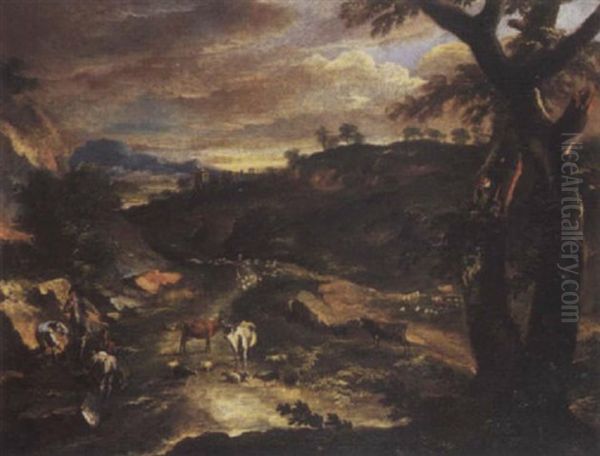 A Wooded Landscape With Peasants Digging A Hole By A Path With Cattle And Sheep, A Hilltown And Mountains Beyond Oil Painting by Antonio Diziani