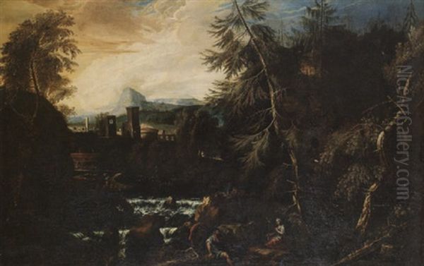 Paesaggio Fluviale Con Cascata E Pastori Oil Painting by Antonio Diziani