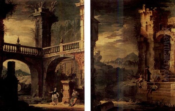 A Capriccio View Of Roman Ruins With Classical Figures, A Pastoral Landscape Beyond Oil Painting by Antonio Diziani