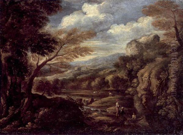 A Wooded Italianate Landscape With Figures Next To A River, Mountains Beyond Oil Painting by Antonio Diziani