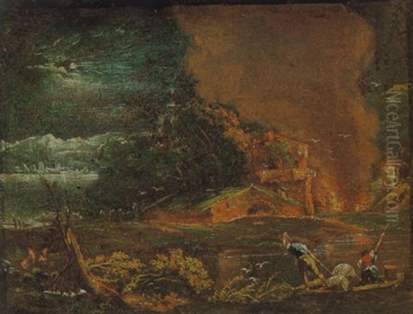 Veduta Notturna Di Citta In Fiamme E Figure Oil Painting by Antonio Diziani