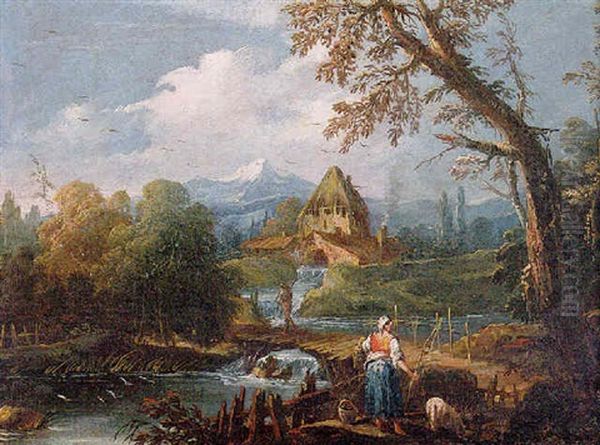 A River Landscape With A Shepherdess And A  Figure Crossing A Wooden Bridge, Mountains Beyond Oil Painting by Antonio Diziani