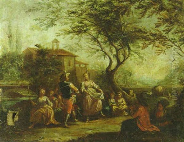 Travellers Conversing By A River, A Town Beyond Oil Painting by Antonio Diziani