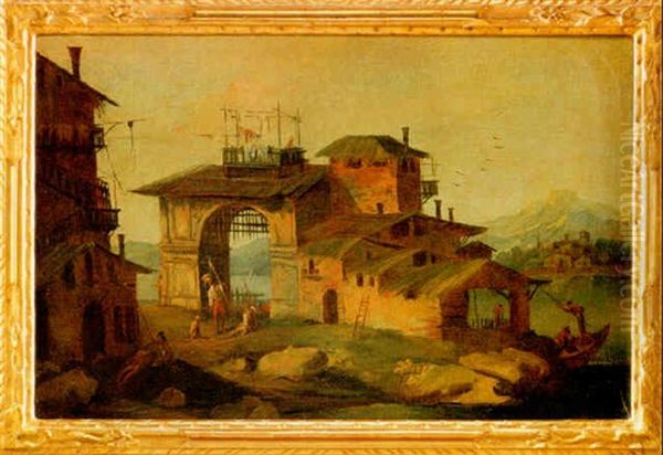 Paesaggio Con Arco, Case Rustiche E Figure Oil Painting by Antonio Diziani