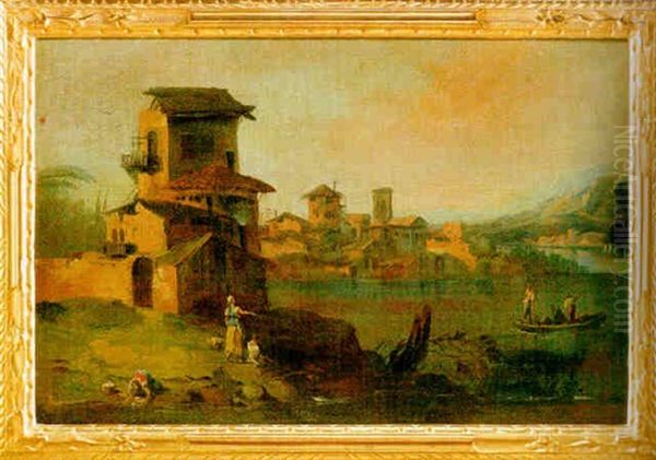 Paesaggio Fluviale Con Torre E Alti Edifici A Sinistra Oil Painting by Antonio Diziani