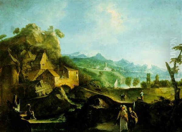 Moutainous Landscape With Tobias And The Angel Oil Painting by Antonio Diziani