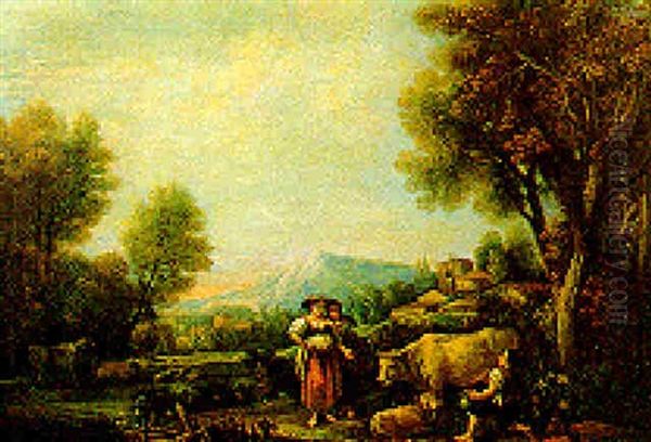 Paesaggio Agreste Con Due Contadine E Un Pastorello Alla Mungitura Oil Painting by Antonio Diziani