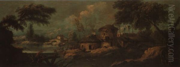 Italianate River Landscape With Fishermen Oil Painting by Antonio Diziani