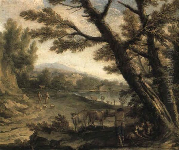 River Landscape With Travellers Approaching A Herdsman Oil Painting by Antonio Diziani