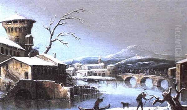 Paesaggio Fluviale Con Castello, Ponte E Figure Sotto La Neve Oil Painting by Antonio Diziani