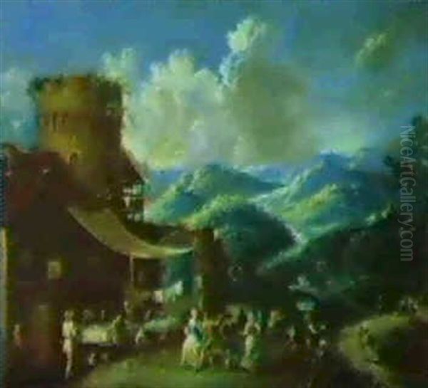 Peasants Dancing In A Mountainous Landscape Oil Painting by Antonio Diziani