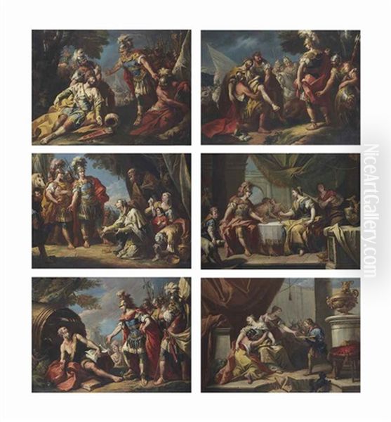 Alexander And Diogenes; Alexander And The Family Of Darius; Alexander Before The Body Of Darius; The Death Of Darius; The Death Of Sophonisba; And The Banquet Of Antony And Cleopatra Oil Painting by Gaspare Diziani