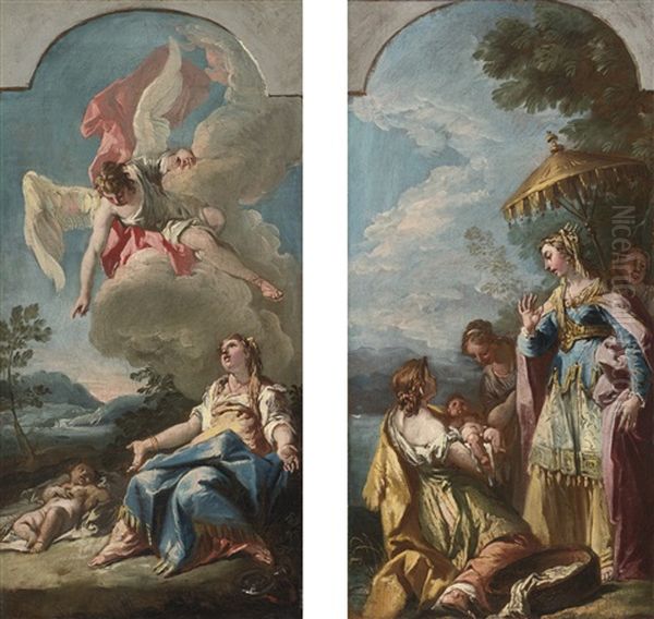 Hagar And The Angel And The Finding Of Moses And Ange, Femme, Enfant (pair) Oil Painting by Gaspare Diziani