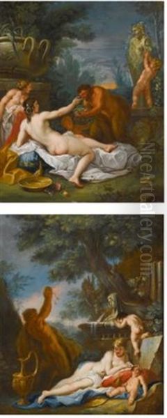 A Bacchic Scene With A Woman Lying By A Fountain, Beside Her Two Putti And A Satyr; A Bacchic Scene With Two Women, A Satyr And Two Putti (pair) Oil Painting by Gaspare Diziani