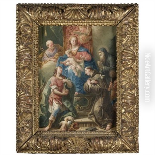 The Madonna And Child Enthroned With Saints Joseph, Anthony Of Padua, Francis Of Paola, And A Young Martyr Warrior Saint, Possibly Saint Florian, Holding A Model Of A Town Oil Painting by Gaspare Diziani