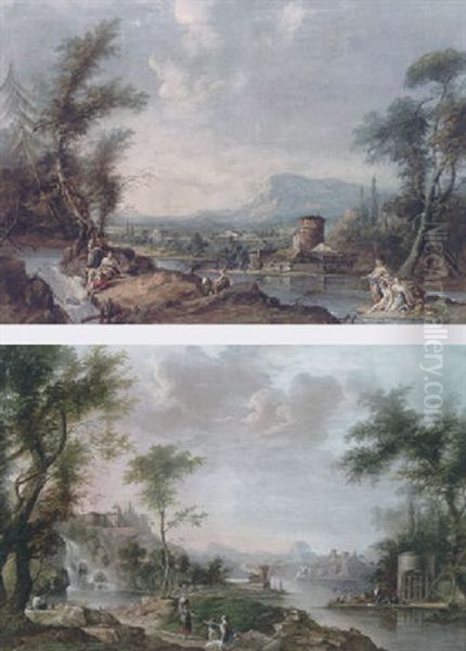 A Classical Landscape With A Fisherman, A Washerwoman, A Mother And Child And Other Figures By A River, A Waterfall Beyond Oil Painting by Gaspare Diziani