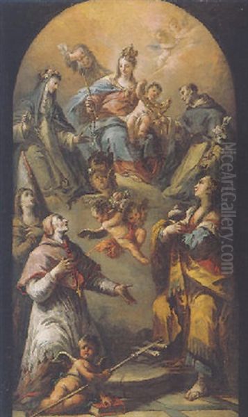 The Madonna And Child Flanked By Saints Dominic And Catherine Of Siena, Appearing To Saint Carlo Borromeo With The Magdalene And Saint Ursula(?) Oil Painting by Gaspare Diziani