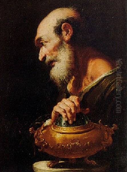 An Old Man With His Hand On A Brazier (allegory Of Winter?) Oil Painting by Gaspare Diziani