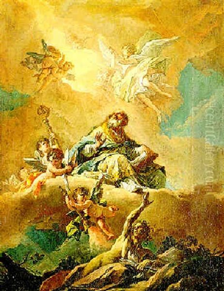 A Bishop Saint (saint Ambrose Or Saint Augustine?) In Glory Surrounded By Putti And Angels, Heresy Being Repulsed Below Oil Painting by Gaspare Diziani