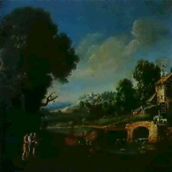 Italienische Flusslandschaft Mit Christus Und Den Jungern   Auf Dem Weg Nach Emmaus. Oil Painting by Gaspare Diziani