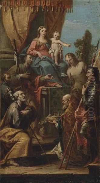 The Madonna And Child Enthroned With Saints Joseph, Sebastian, George, Roch, A Bishop Saint Holding A Model Of A City, And A Donor Oil Painting by Giuseppe Diziani